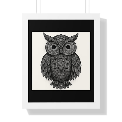 Framed Owl Art Print — Intricate Black & White Mandala Poster