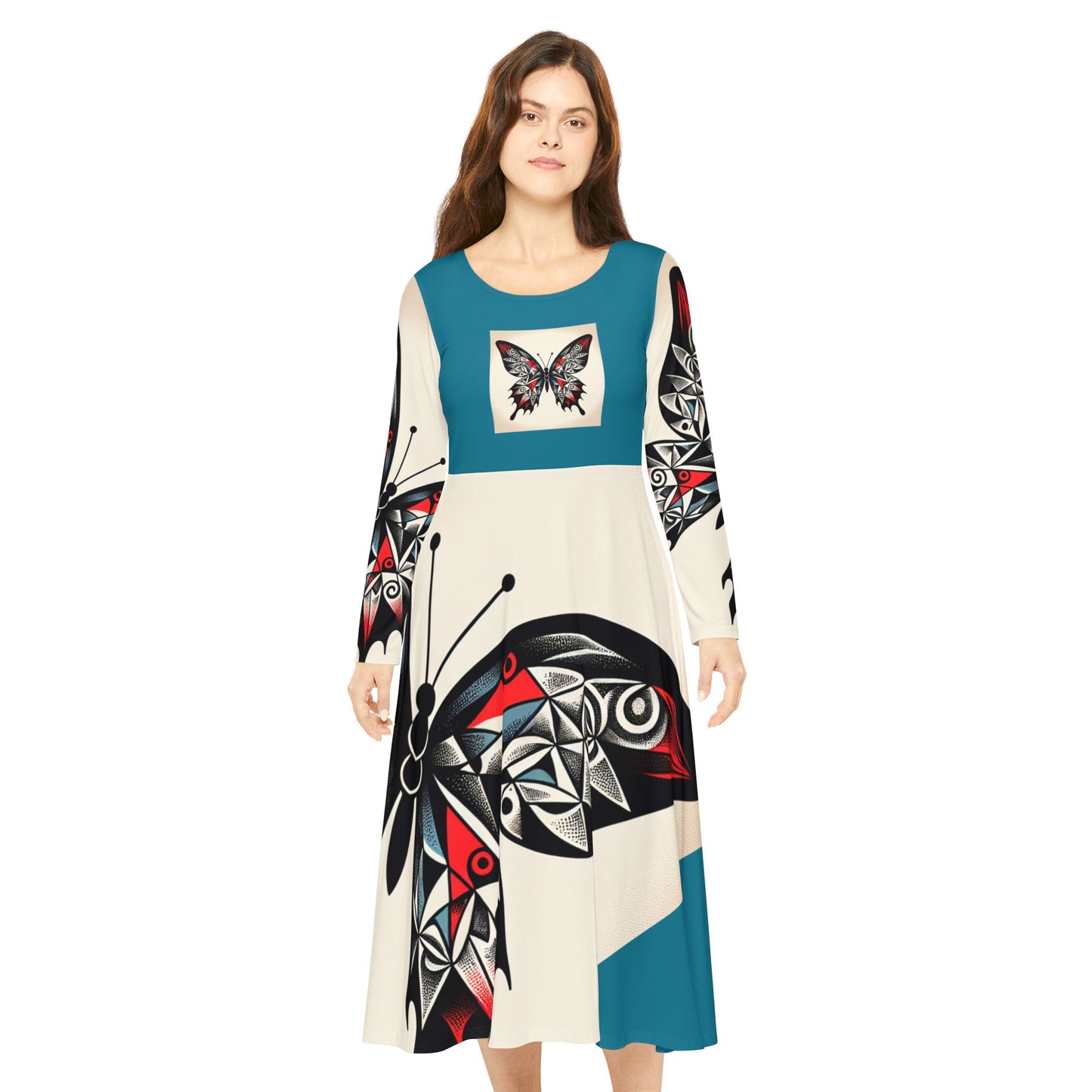 Butterfly Print Long Sleeve Dance Dress, Elegant Dancewear, Boho Style Dress, Perfect for Parties, Dance Events, and Celebrations