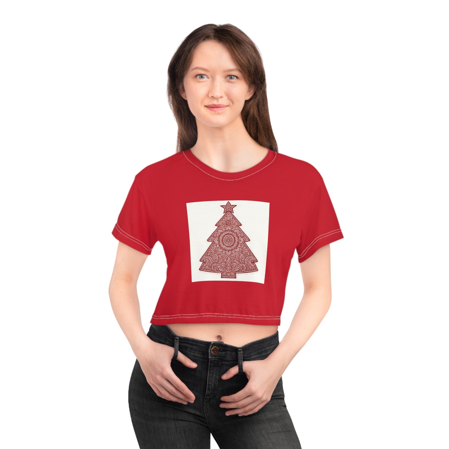 Christmas Tree Crop Tee — Red Holiday Graphic Top