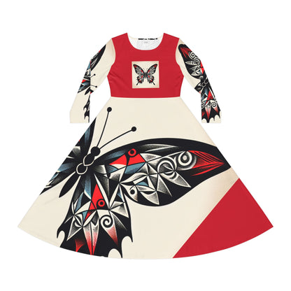 Butterfly Print Long Sleeve Dance Dress, Elegant Dancewear, Boho Style Dress, Perfect for Parties, Dance Events, and Celebrations