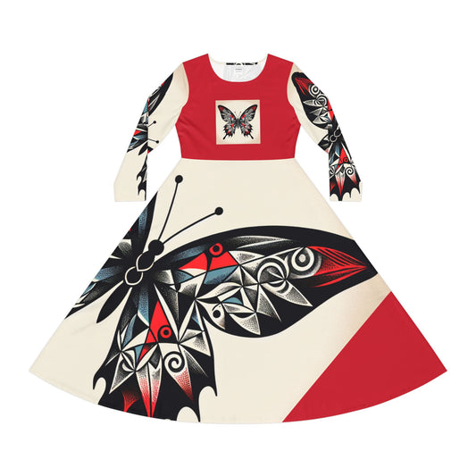 Butterfly Print Long Sleeve Dance Dress, Elegant Dancewear, Boho Style Dress, Perfect for Parties, Dance Events, and Celebrations