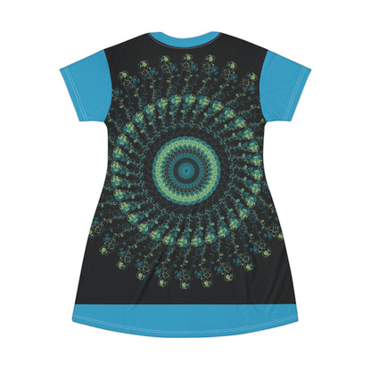 Spiral Mandala T-Shirt Dress | Boho Chic Casual Wear, Summer Dress, Festival Outfit, Eco-Friendly Fashion, Unique Gift Idea