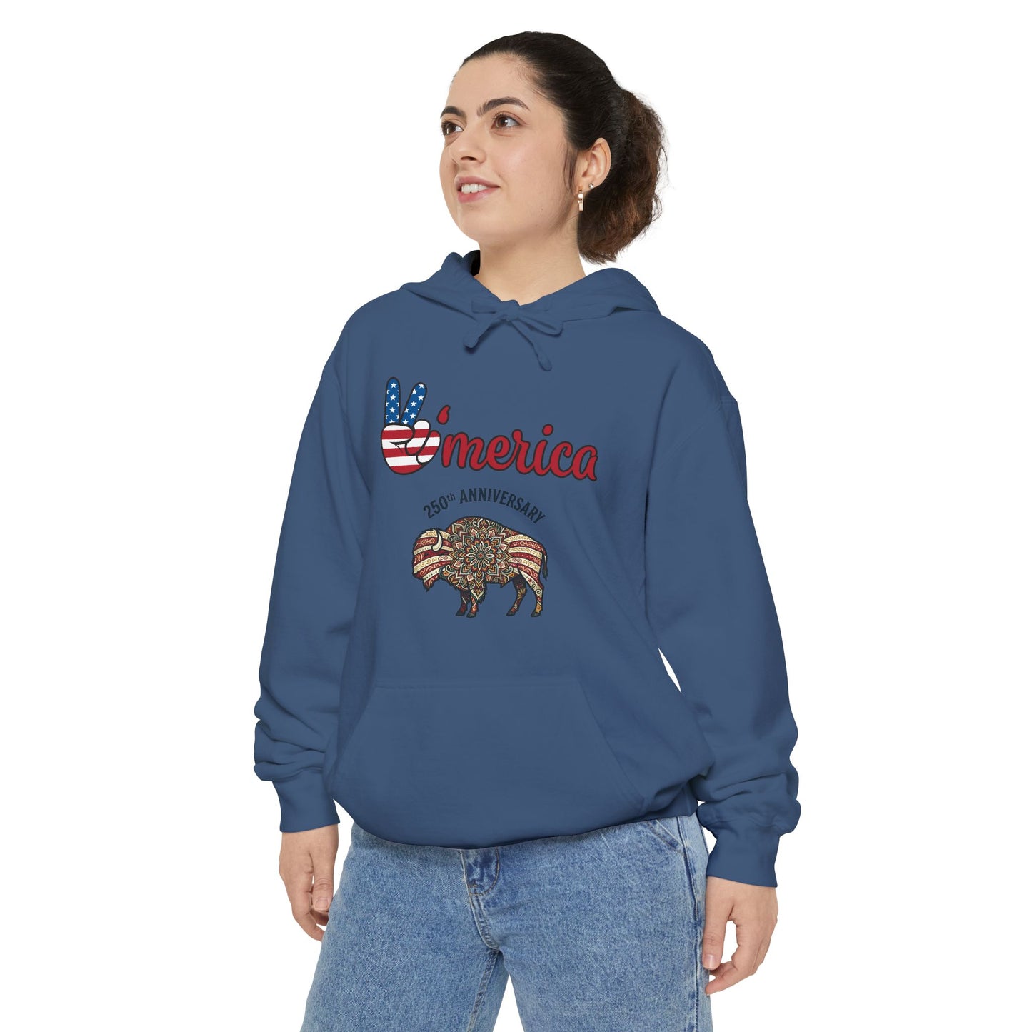 'Merica Peace Sign Hoodie — 250th Anniversary American Flag Bison