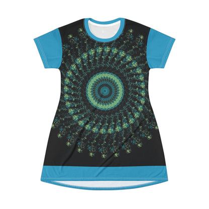 Spiral Mandala T-Shirt Dress | Boho Chic Casual Wear, Summer Dress, Festival Outfit, Eco-Friendly Fashion, Unique Gift Idea