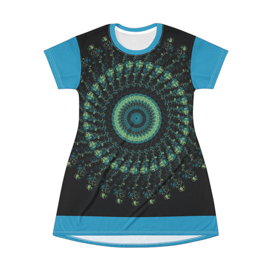 Spiral Mandala T-Shirt Dress | Boho Chic Casual Wear, Summer Dress, Festival Outfit, Eco-Friendly Fashion, Unique Gift Idea