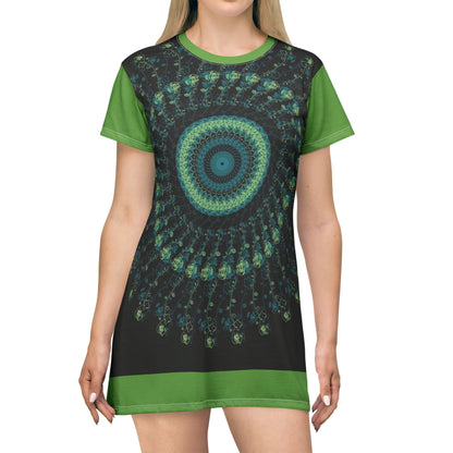 Spiral Mandala T-Shirt Dress | Boho Chic Casual Wear, Summer Dress, Festival Outfit, Eco-Friendly Fashion, Unique Gift Idea