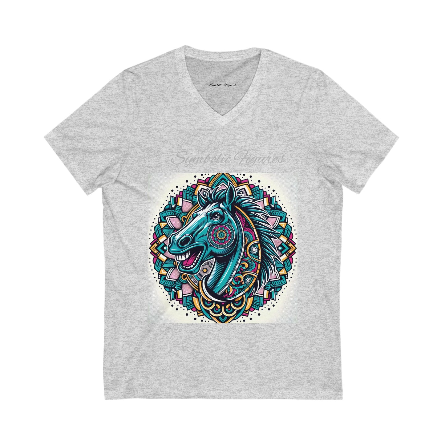V-Neck Tee - Mustang Mascot Mandala Design in Green, Blue, and Burgundy