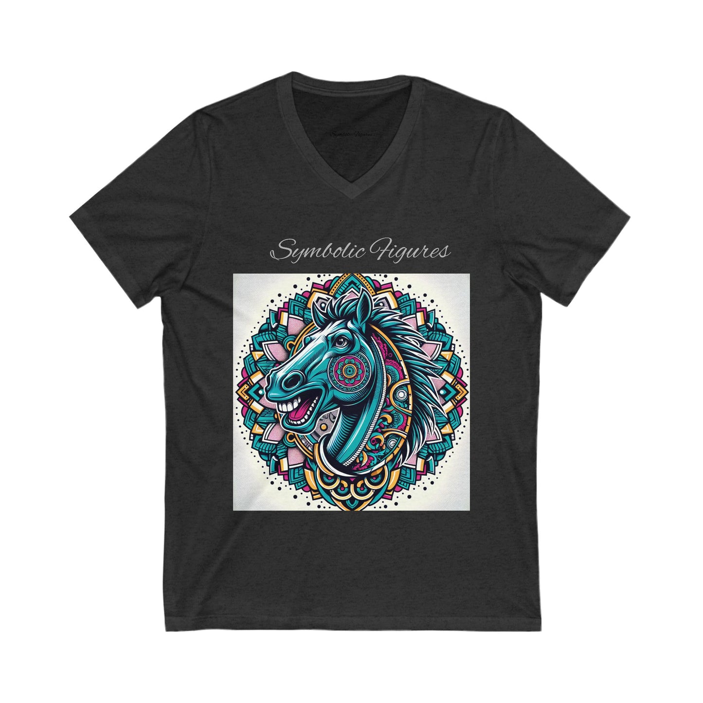 V-Neck Tee - Mustang Mascot Mandala Design in Green, Blue, and Burgundy