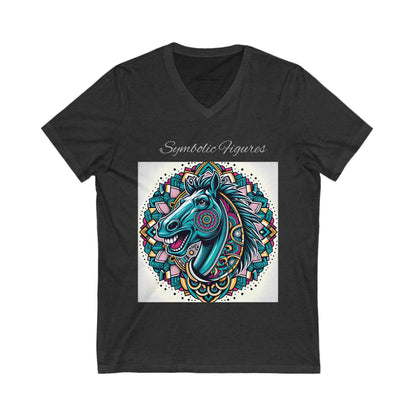 V-Neck Tee - Mustang Mascot Mandala Design in Green, Blue, and Burgundy