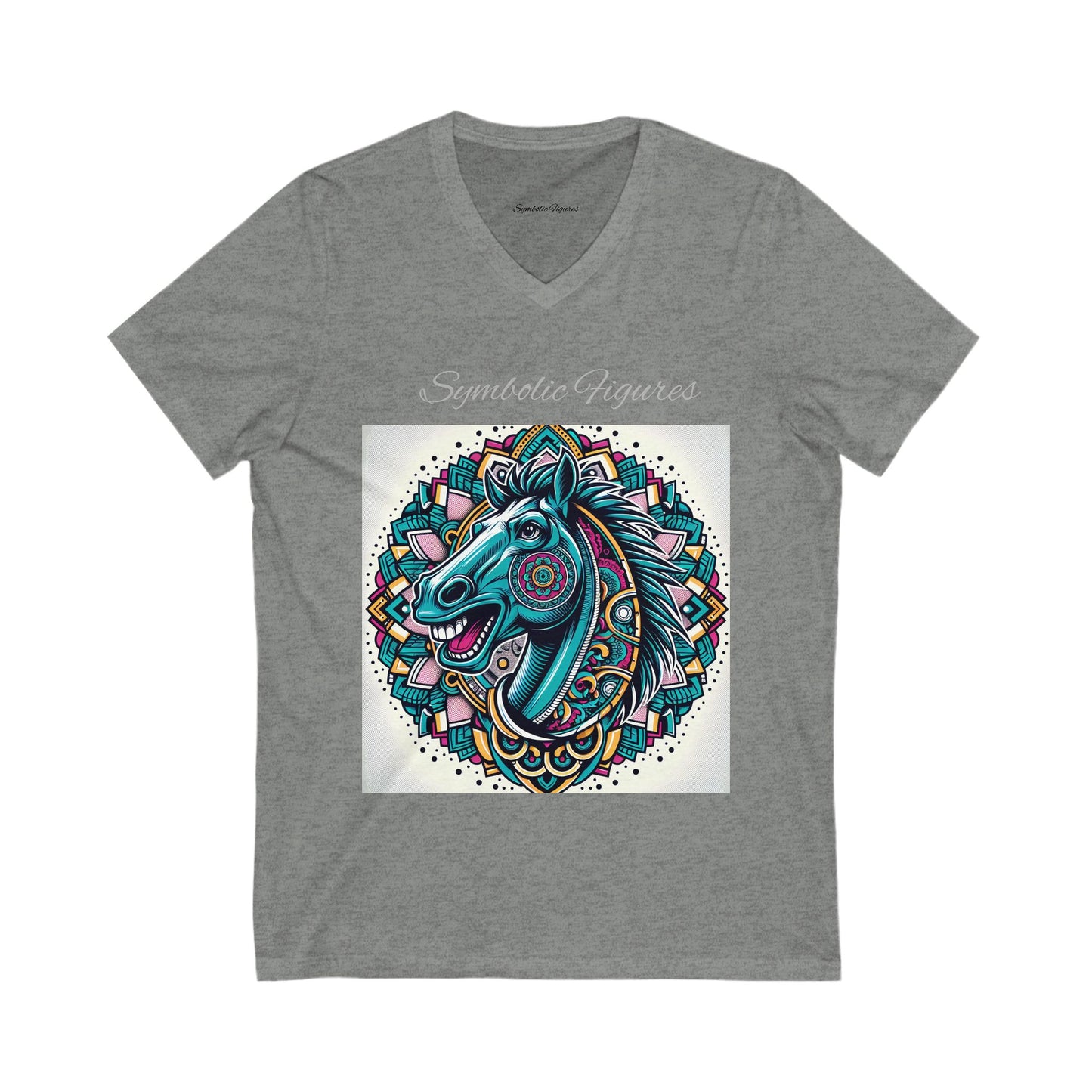 V-Neck Tee - Mustang Mascot Mandala Design in Green, Blue, and Burgundy