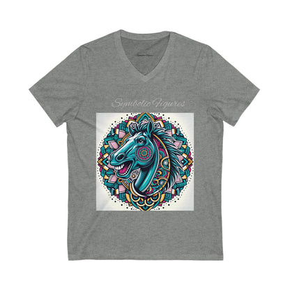 V-Neck Tee - Mustang Mascot Mandala Design in Green, Blue, and Burgundy