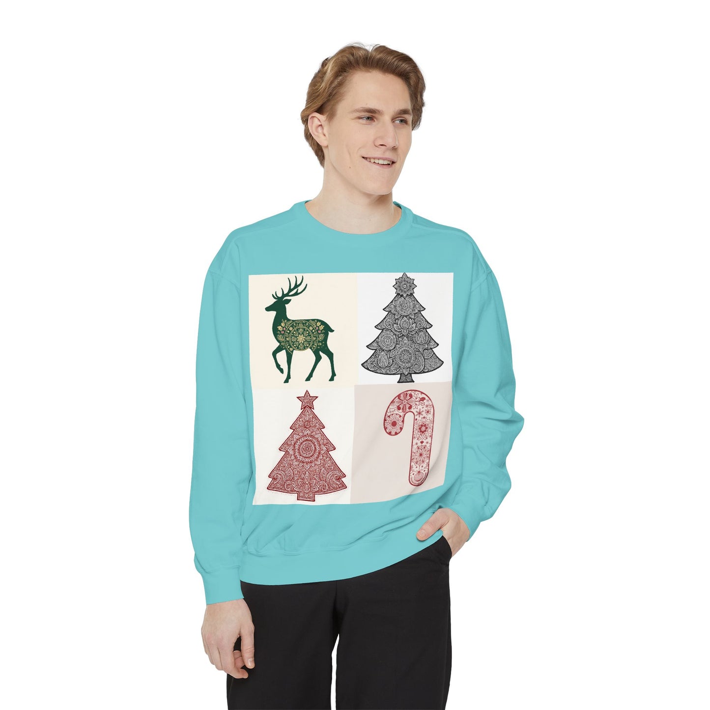 Christmas Patchwork Sweatshirt — Reindeer, Trees & Candy Cane Holiday Pullover