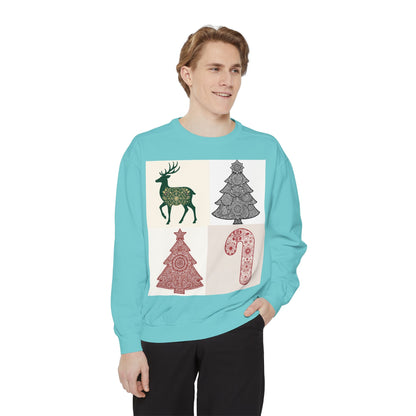 Christmas Patchwork Sweatshirt — Reindeer, Trees & Candy Cane Holiday Pullover