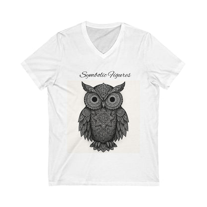Owl Design V-Neck Tee, Lightweight Tee, Nature Lover Shirt, Symbolic Figures Top, Boho Style T-Shirt, Gift for Owl Enthusiasts