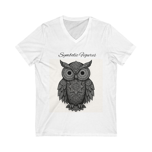 Owl Design V-Neck Tee, Lightweight Tee, Nature Lover Shirt, Symbolic Figures Top, Boho Style T-Shirt, Gift for Owl Enthusiasts
