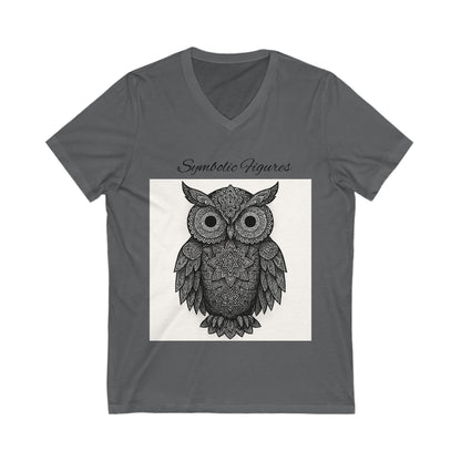 Owl Design V-Neck Tee, Lightweight Tee, Nature Lover Shirt, Symbolic Figures Top, Boho Style T-Shirt, Gift for Owl Enthusiasts