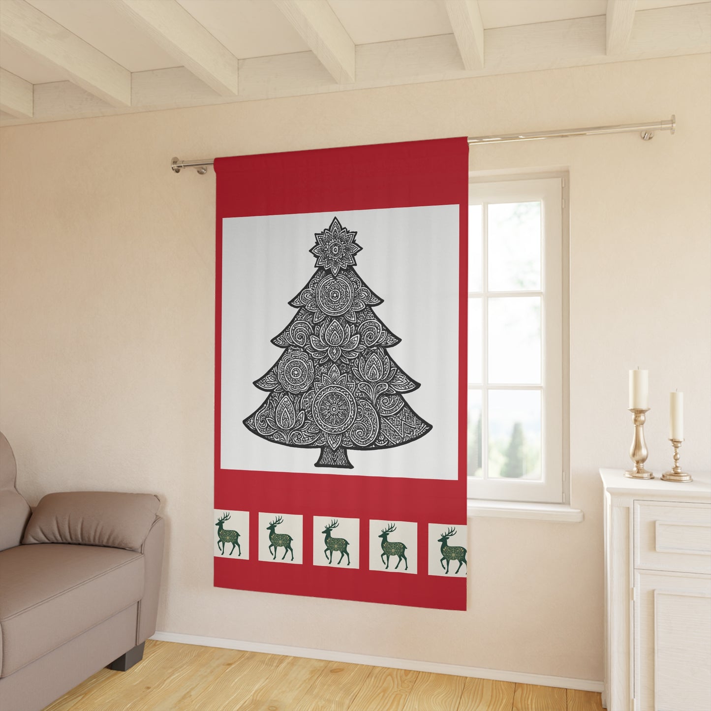 Holiday Curtain Panel — Red Mandala Christmas Tree Window Curtain