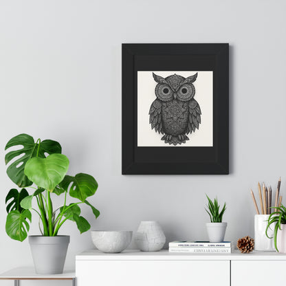 Framed Owl Art Print — Intricate Black & White Mandala Poster