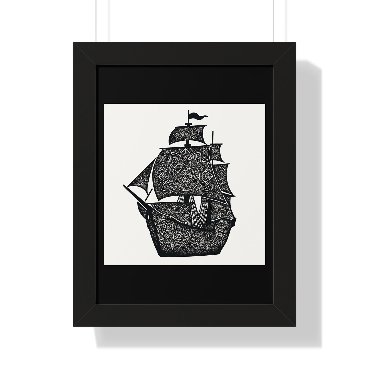 Black & White Mandala Ship Framed Vertical Poster — Nautical Zen Wall Art