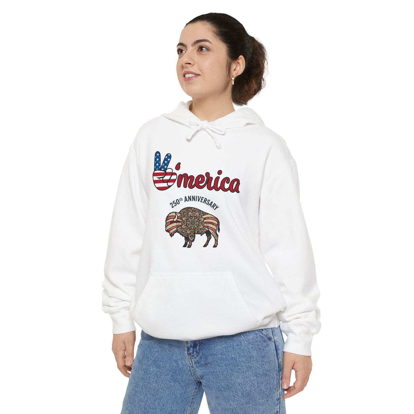 'Merica Peace Sign Hoodie — 250th Anniversary American Flag Bison