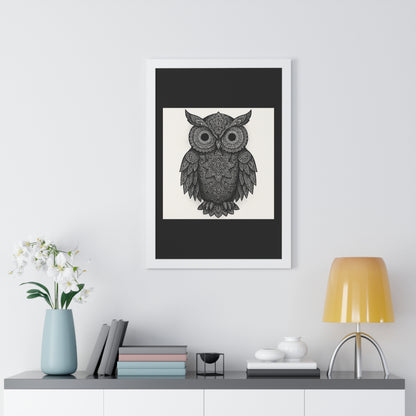Framed Owl Art Print — Intricate Black & White Mandala Poster
