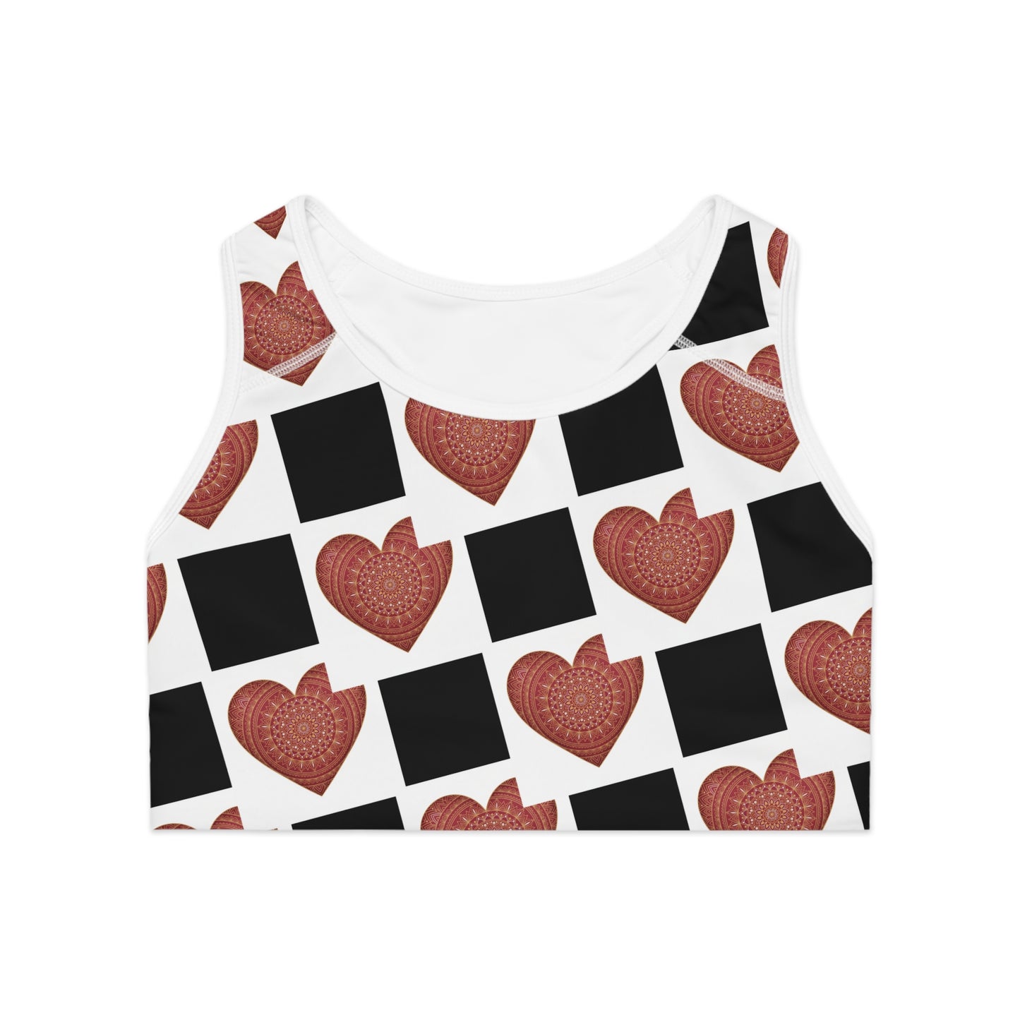 Heart Pattern Sports Bra — Red Mandala Hearts on Black & White Check