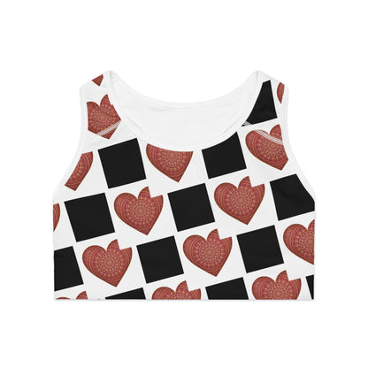 Heart Pattern Sports Bra — Red Mandala Hearts on Black & White Check