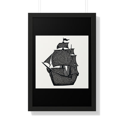 Black & White Mandala Ship Framed Vertical Poster — Nautical Zen Wall Art