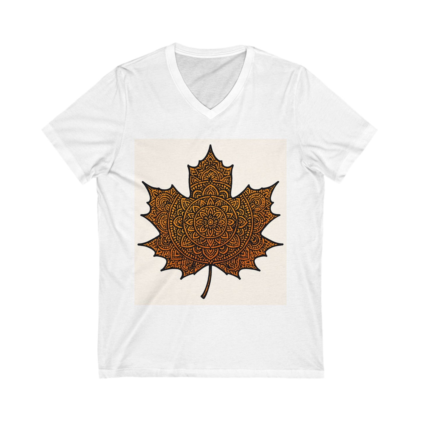 Autumn Leaf Mandala V-Neck Tee, Cozy Fall Shirt, Bohemian Style Top, Nature Lover Gift, Seasonal Fashion, Unisex Casual Wear