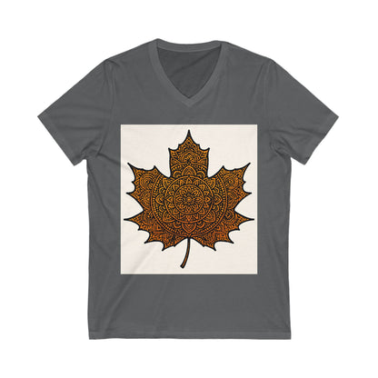 Autumn Leaf Mandala V-Neck Tee, Cozy Fall Shirt, Bohemian Style Top, Nature Lover Gift, Seasonal Fashion, Unisex Casual Wear