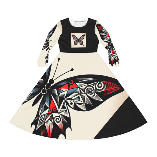 Butterfly Print Long Sleeve Dance Dress, Elegant Dancewear, Boho Style Dress, Perfect for Parties, Dance Events, and Celebrations