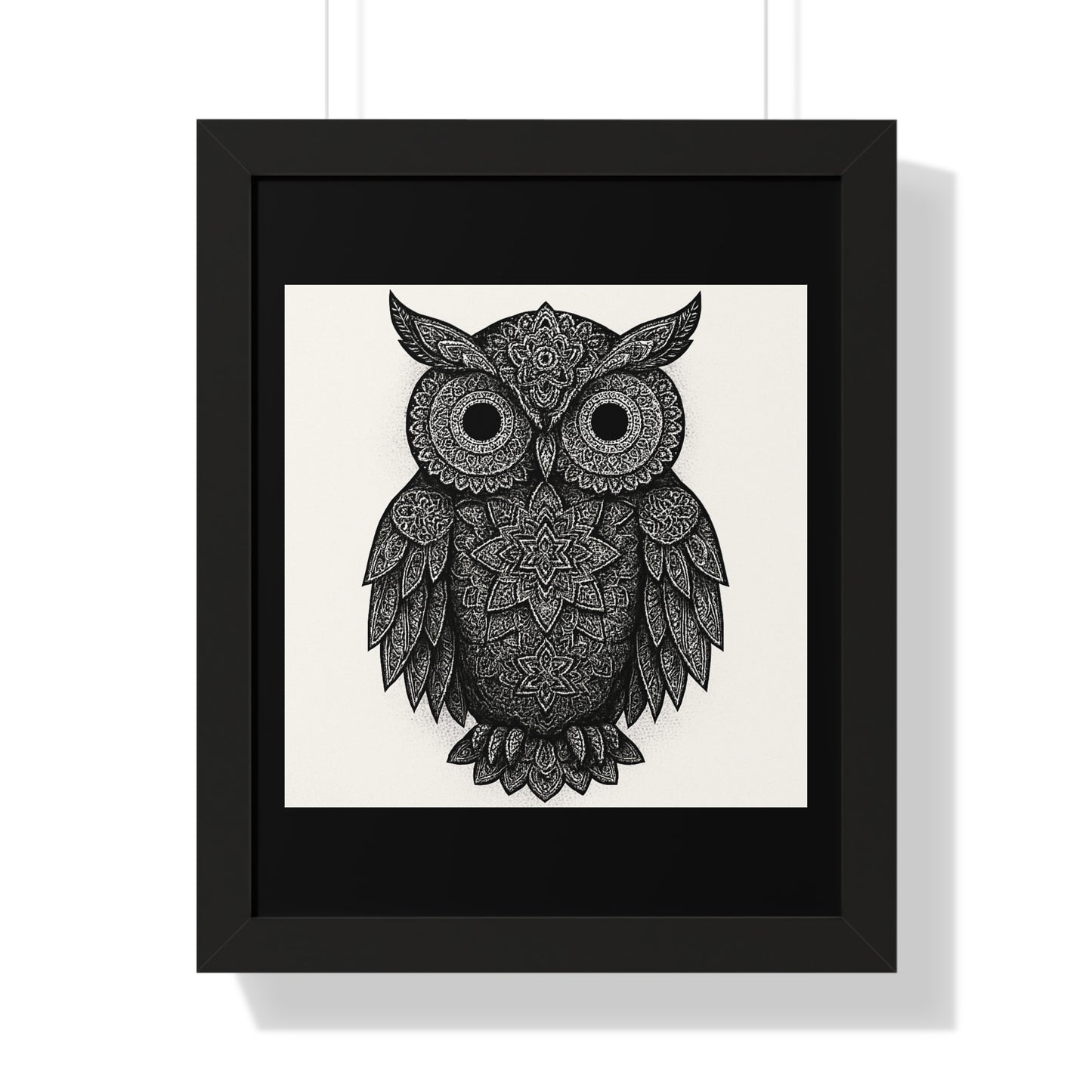 Framed Owl Art Print — Intricate Black & White Mandala Poster