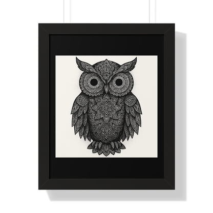 Framed Owl Art Print — Intricate Black & White Mandala Poster