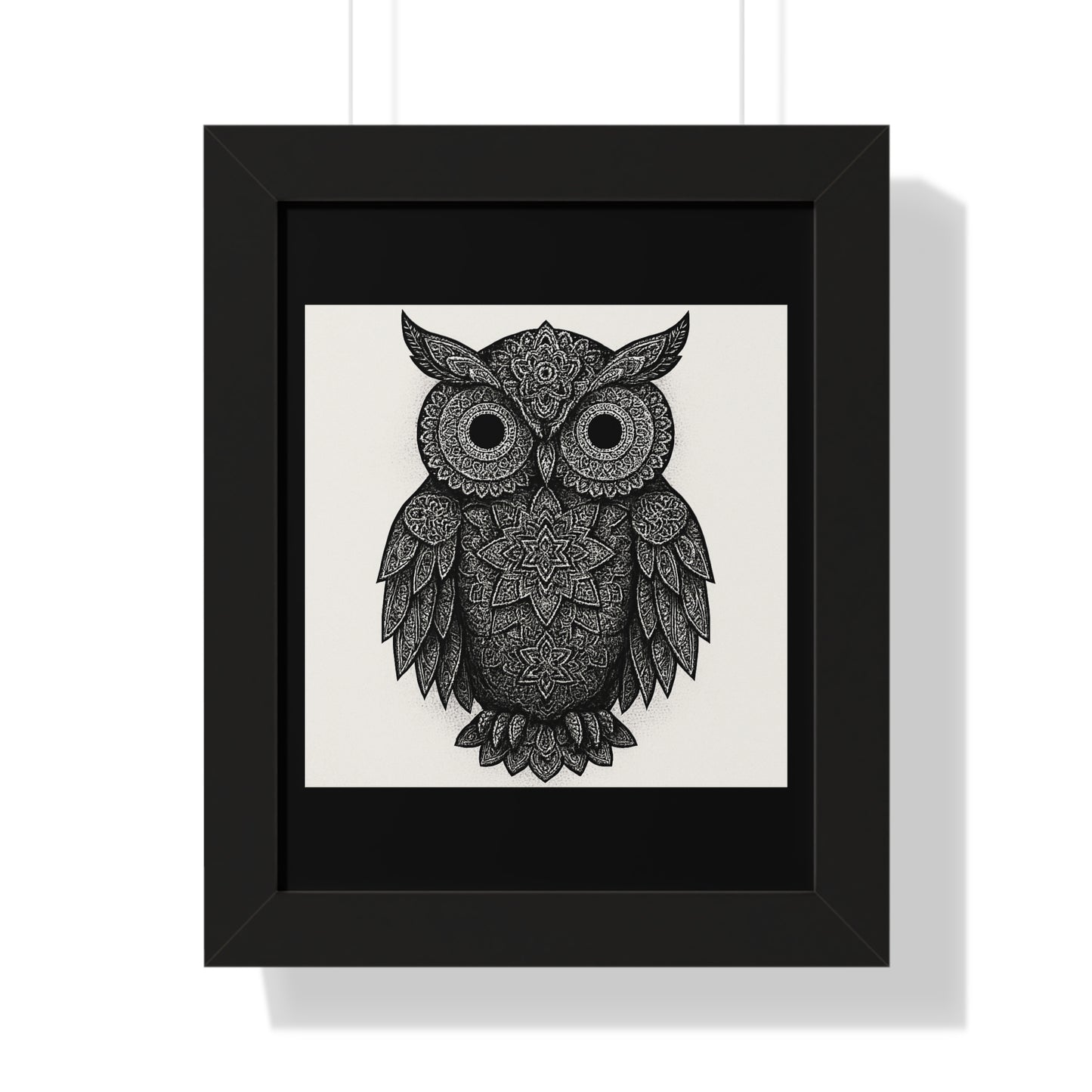 Framed Owl Art Print — Intricate Black & White Mandala Poster