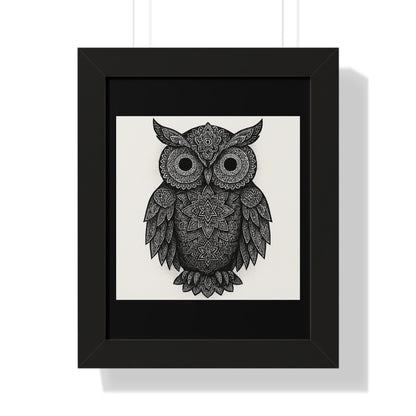Framed Owl Art Print — Intricate Black & White Mandala Poster