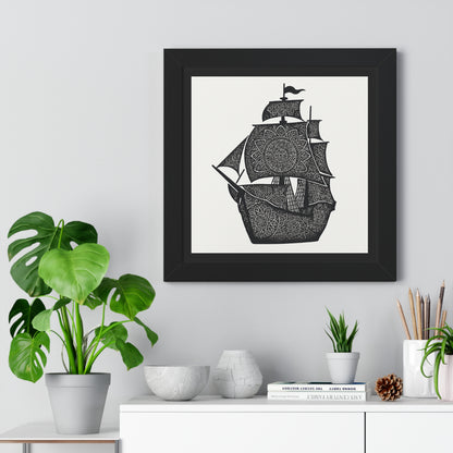 Black & White Mandala Ship Framed Vertical Poster — Nautical Zen Wall Art