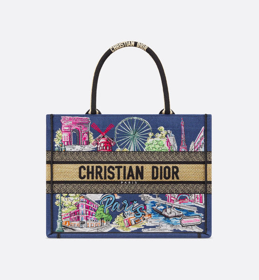 Souvenir Medium Book Tote Natural Raffia and Multicolor Embroidered Cotton