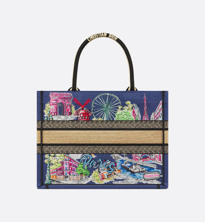 Souvenir Medium Book Tote Natural Raffia and Multicolor Embroidered Cotton