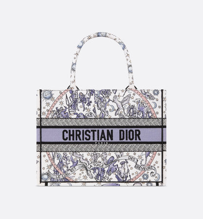 Lucky Medium Book Tote White and Blue Dior Night of Dreams Embroidery