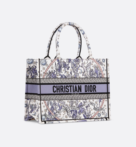 Lucky Medium Book Tote White and Blue Dior Night of Dreams Embroidery