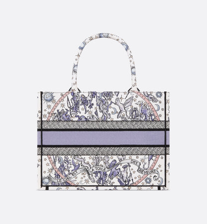 Lucky Medium Book Tote White and Blue Dior Night of Dreams Embroidery