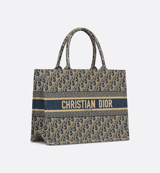 Medium Book Tote Blue Dior Oblique Chambray Embroidery