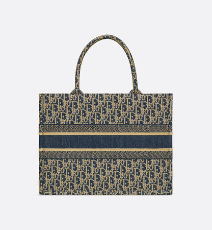 Medium Book Tote Blue Dior Oblique Chambray Embroidery